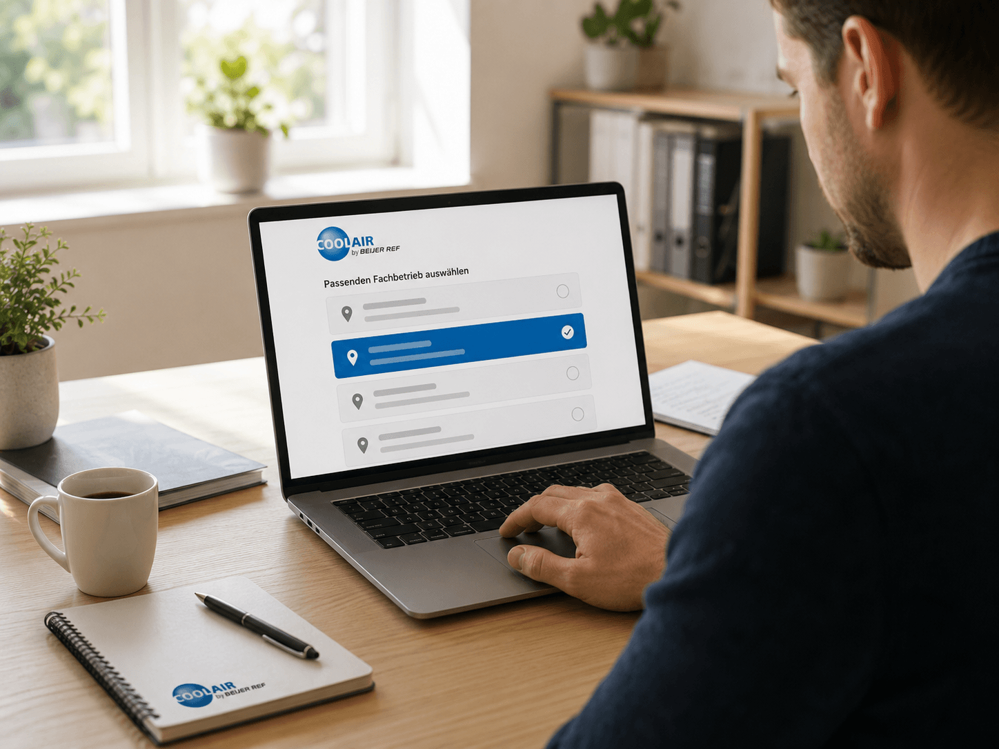 Mitarbeiter wählt am Laptop einen passenden Fachbetrieb für die Anfrage aus